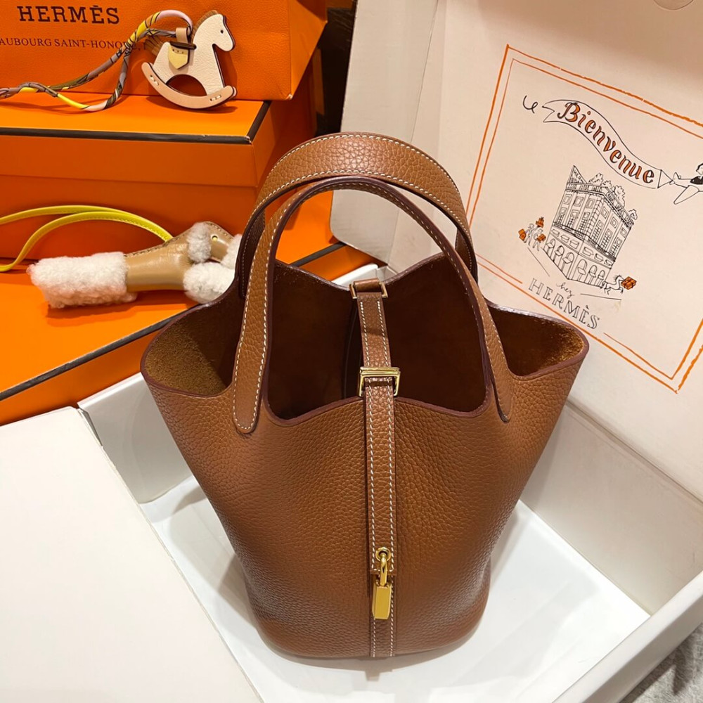 Hermes Picotin Lock Bag In Taurillon Clemence Gold Brown 22Cm
