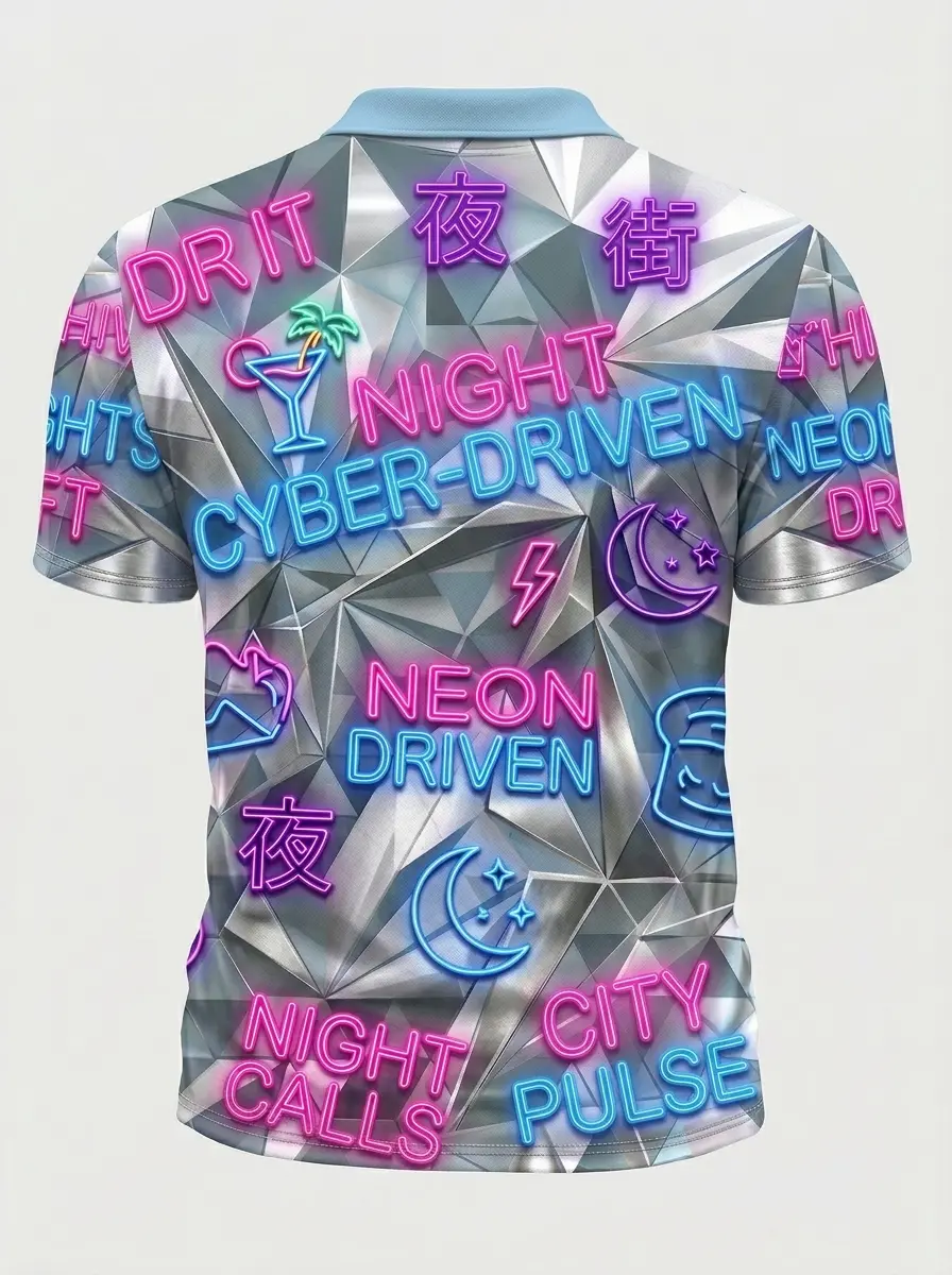 Moisture Wicking Golf Polo 3D Multicolor Neon Cyber Button Short Sleeve Golf Polo Shirt