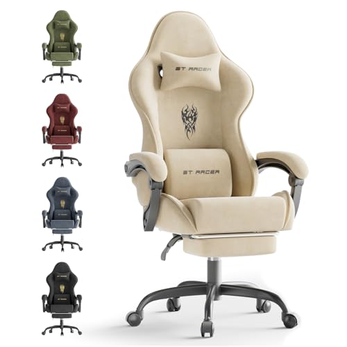 Huracan Velvet Fabric Gaming Chair with Footrest for Adults, Ergonomic Gaming Chairs with Massage Lumbar, Reclining Racing Computer Chair with Spring Cushion for Home Office Video Game, Green