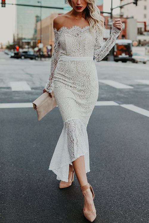 Off Shoulder Lace Bodycon Evening GownClistos