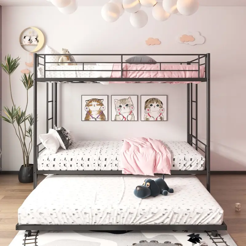 Uhomepro Twin-Over-Twin Metal Bunk Bed with Underbed Trundle – Black/Silver Steel Frame for Youth Rooms