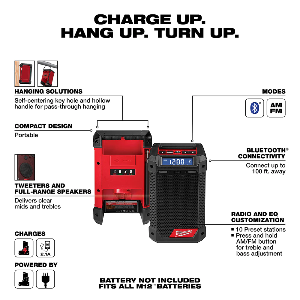 2026 Milwaukee 2951-20 M12 12V Bluetooth Speaker Radio/Charger - Bare Tool