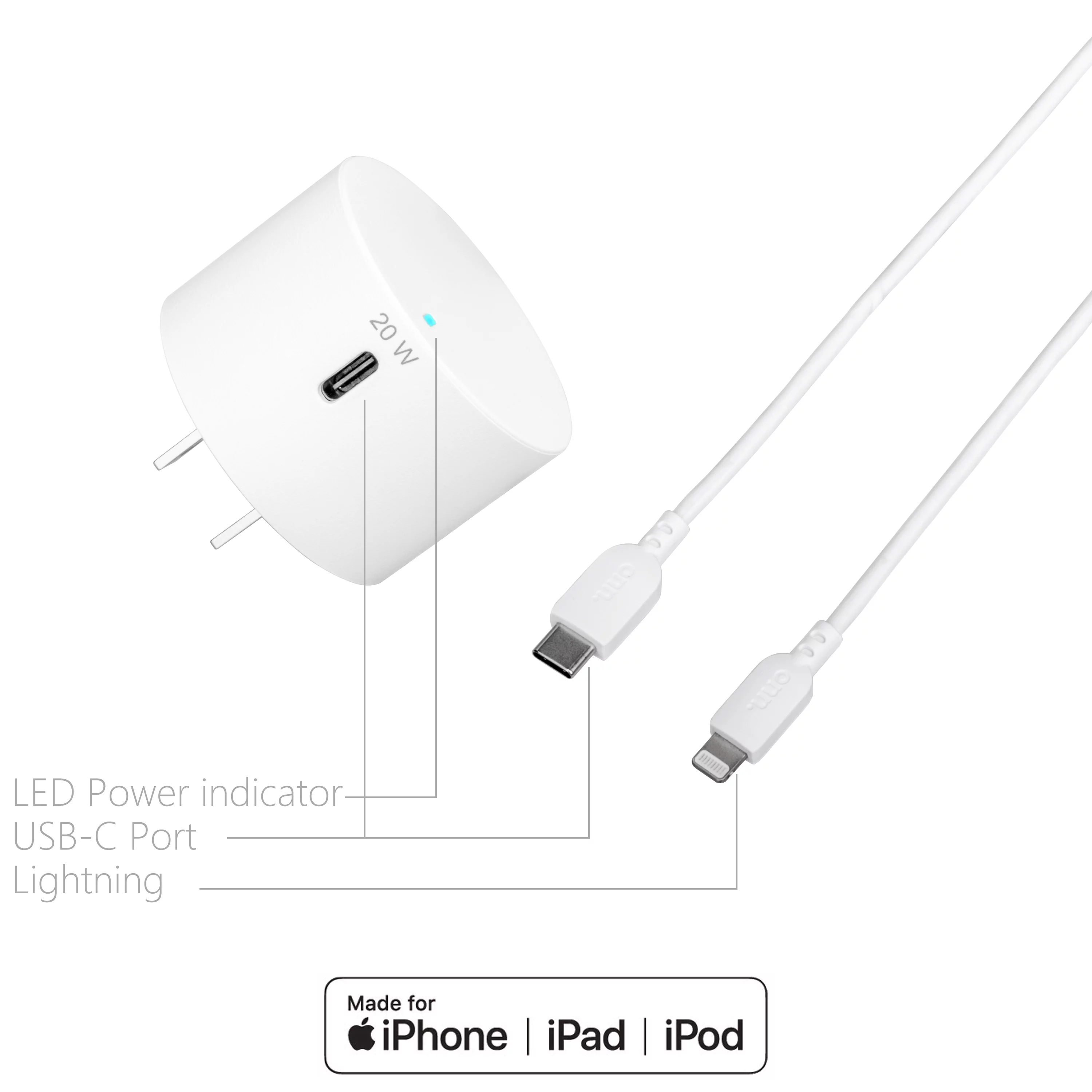 onn. 20W Power Delivery Wall Charging Kit with Lightning to USB-C Cable, White