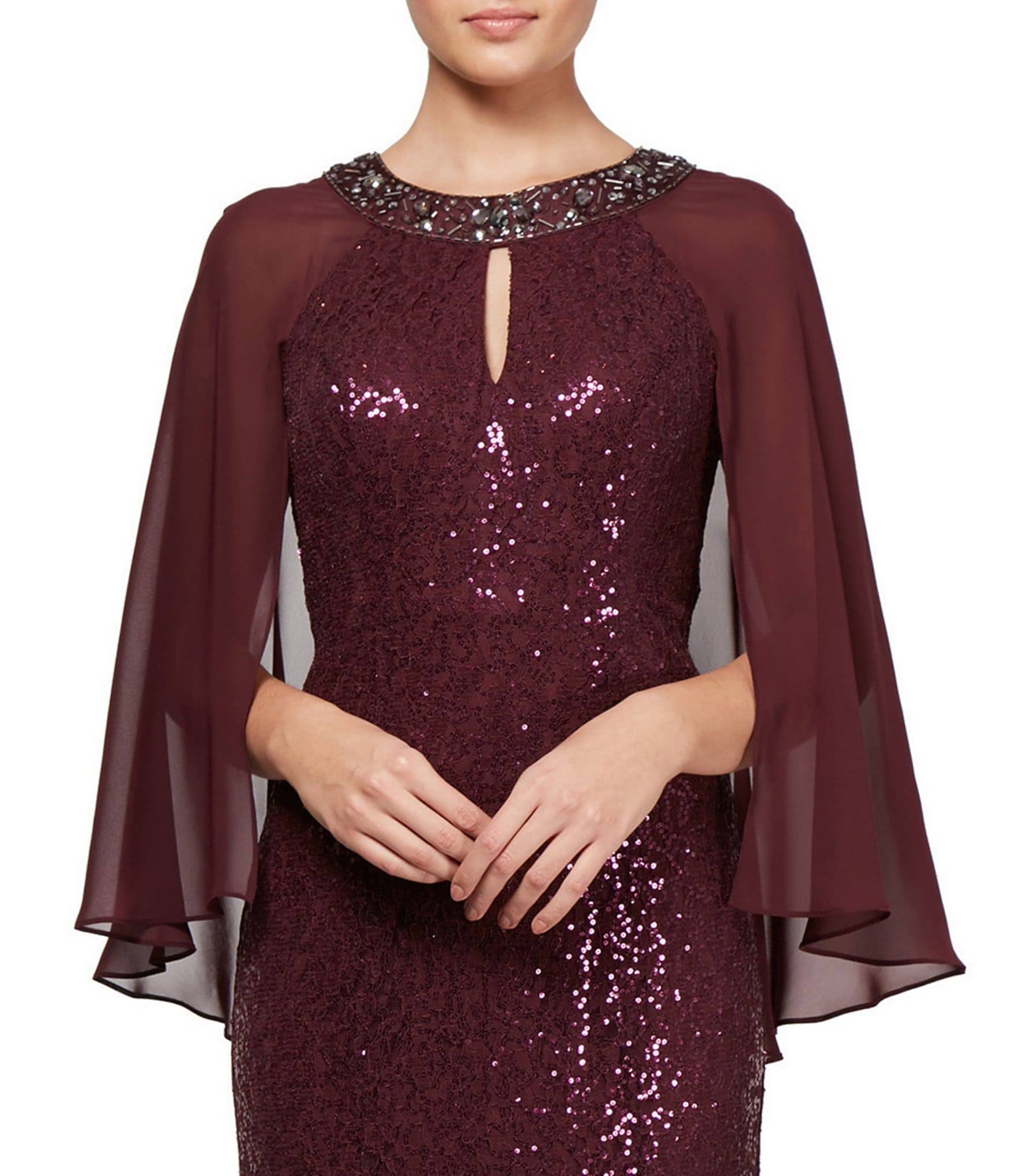 Ignite Evenings Petite Size Sequin Lace Chiffon Beaded Round Neck Capelet 34 Sleeve Gown - 8p