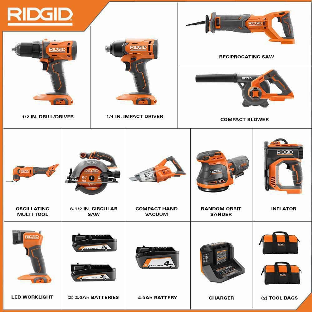 Ridgid 18V Cordless 10-Tool Combo Kit with (2) 2.0 Ah Battery, (1) 4.0 Ah Battery, Charger, and Bag R96259N