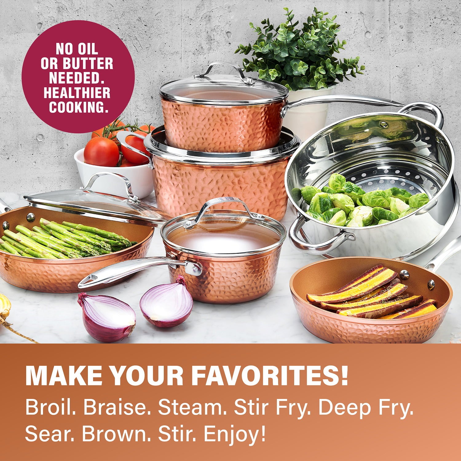 Gotham Steel Hammered 10 Piece Cookware Set, Oven Safe, Dishwasher Safe - Elegant Pots and Pans