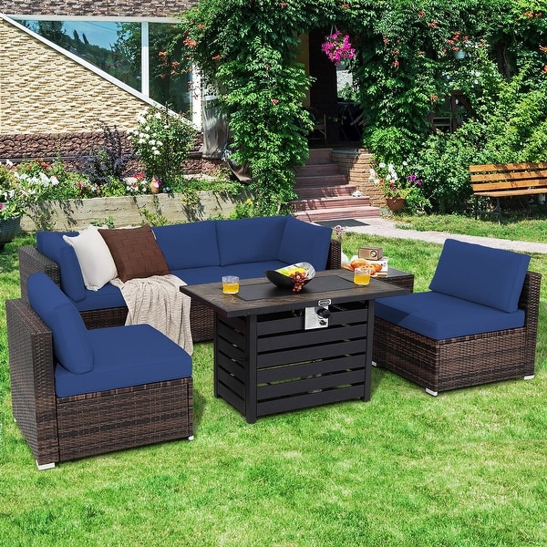 Gymax 7PCS Patio Rattan Furniture Set 42'' Fire Pit Table w/ Cover