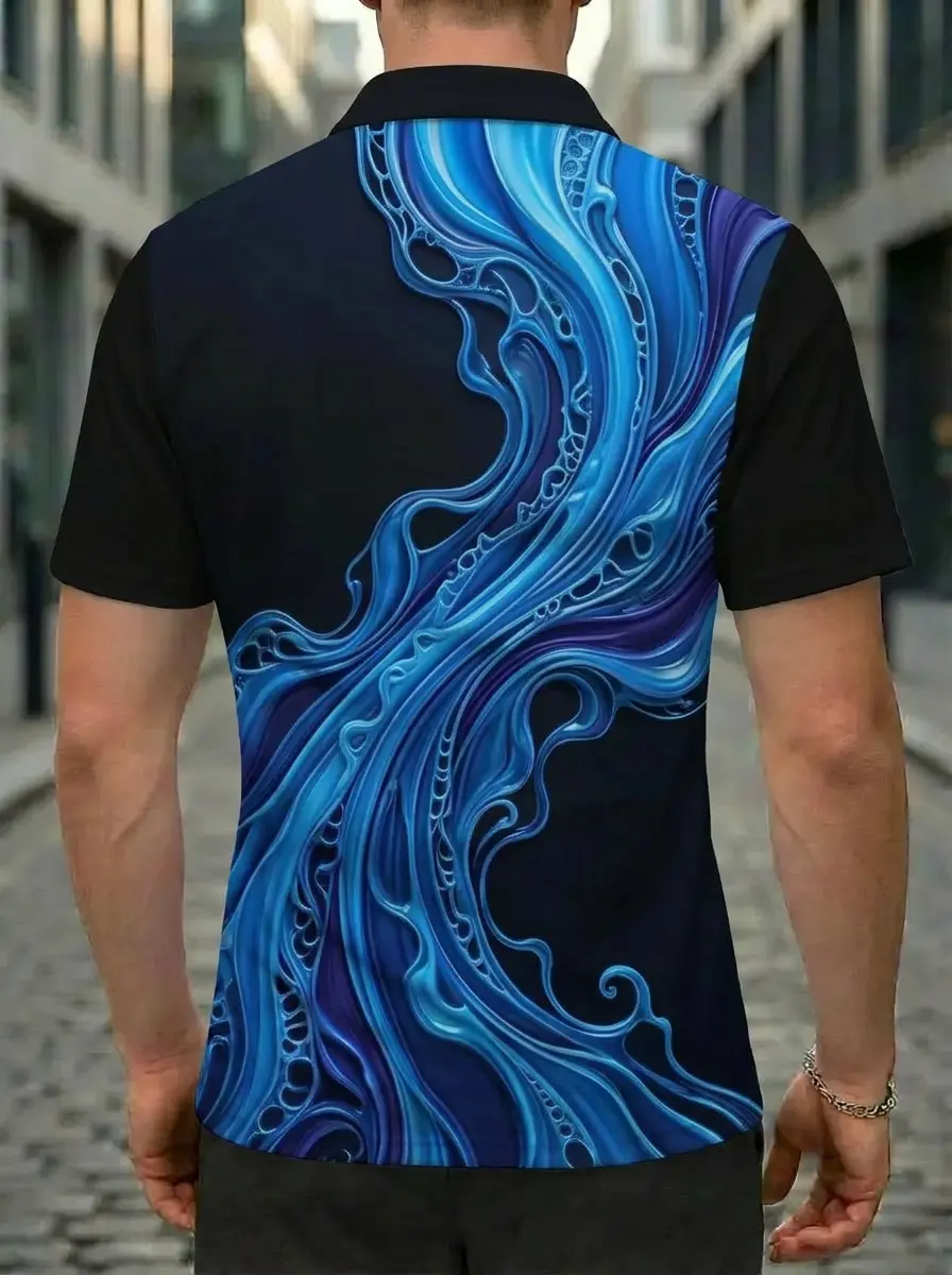 Moisture Wicking Golf Polo 3D Blue Black Abstract Wave Button Short Sleeve Golf Polo Shirt