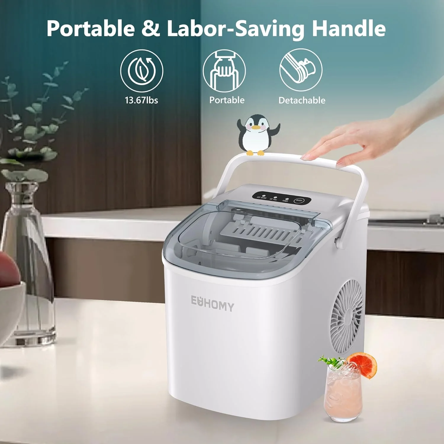 12'' White Bullet Ice Portable Ultra Quieter Ice Maker with Handle