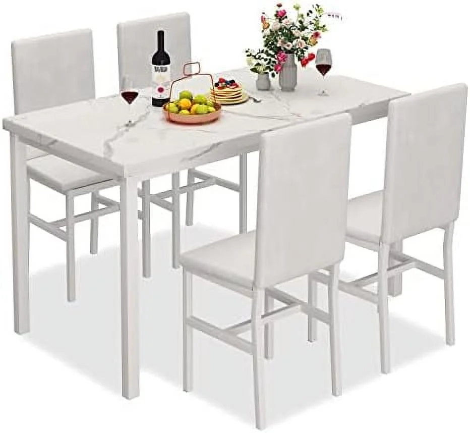 KHBIULIFE MIERE 5-Piece Faux Marble Kitchen Table & Chair Set  4 PU Metal Frame Chairs for Small  Modern Compact Space for Home  Breakfast Nook Cafeteria Dining Room w/ Racks  01 Whit