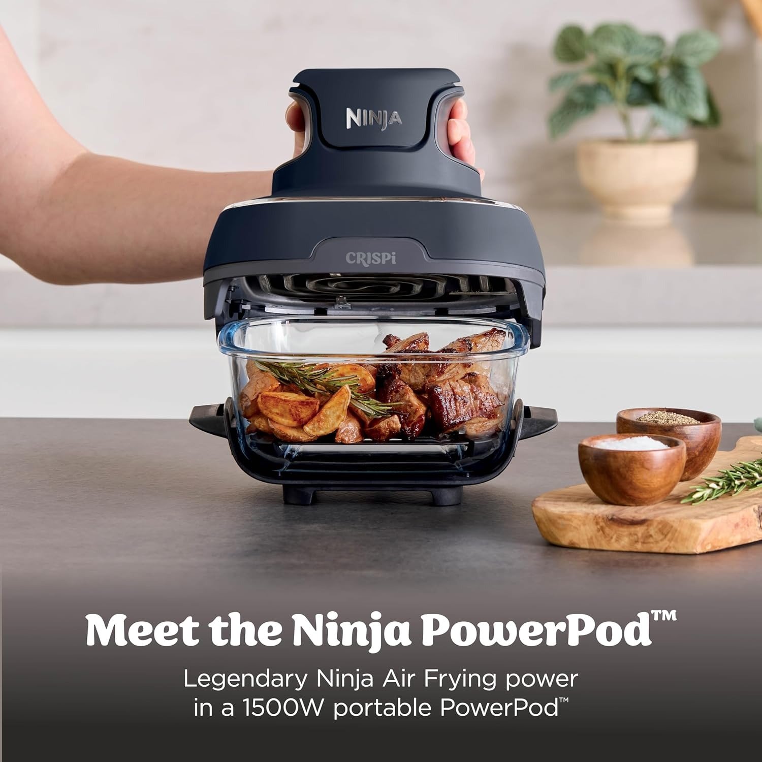 4-in-1 Glass Air Fryer | 450°F | Non-Toxic | 4QT & 6-Cup Glass Containers w/Lids | Microwave, Freezer, Dishwasher Safe | Max Crisp, Air Fry, Bake, Recrisp | Cyberspace Gray