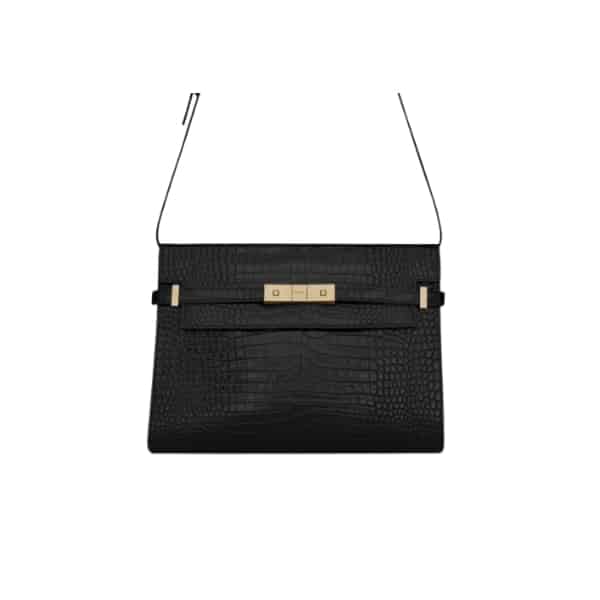 Saint Laurent Manhattan Shoulder Bag In Crocodile Embossed Shiny Black Gold 24Cm