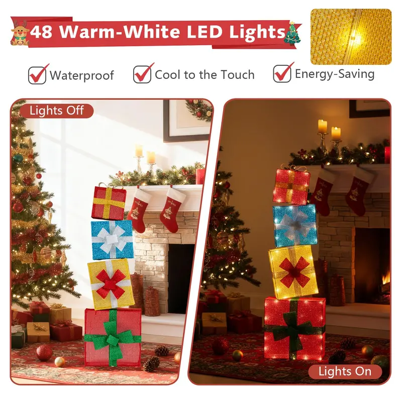 Stackable 4-Foot Lighted Gift Boxes – Pre-Lit Christmas Decor with Warm LED Lights