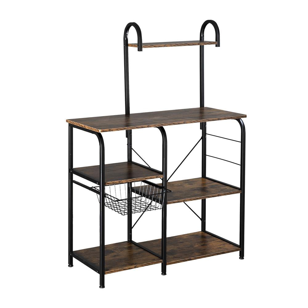 Ktaxon 5-Tier Bakers Rack, Kitchen Utility Microwave Oven Stand with Storage Shelves,10 Hooks and Metal Basket, Vintage Brown