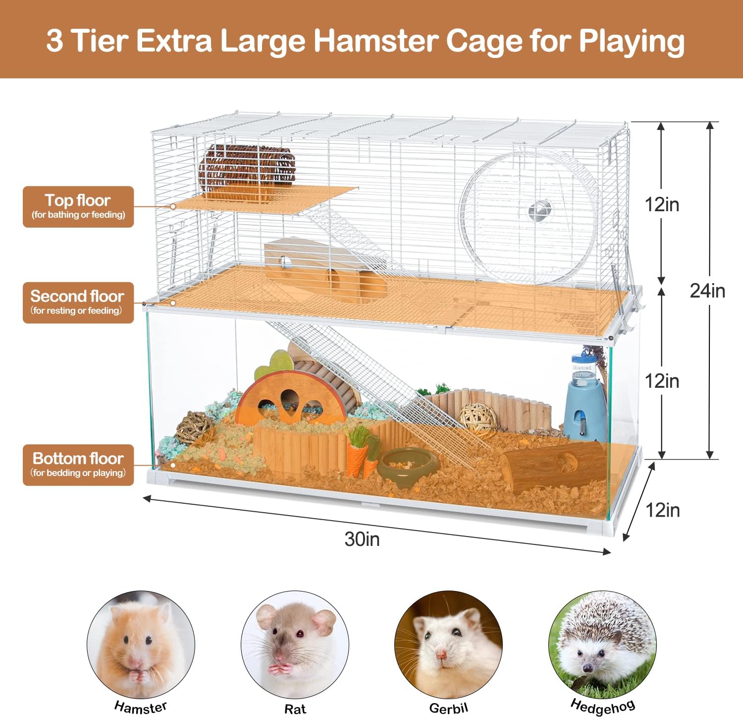 3 Tiers Large Hamster Cages, Glass Hamster Cage Habitat with Openable Wire Topper, Gerbil Cage with Two Ladders Ramps and Removeable Waterproof PVC Tray, Easy to Clean