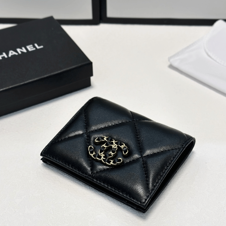 Chanel 19 Tri-Fold Wallet Black Gold/Chain Hardware 4.3 Inches