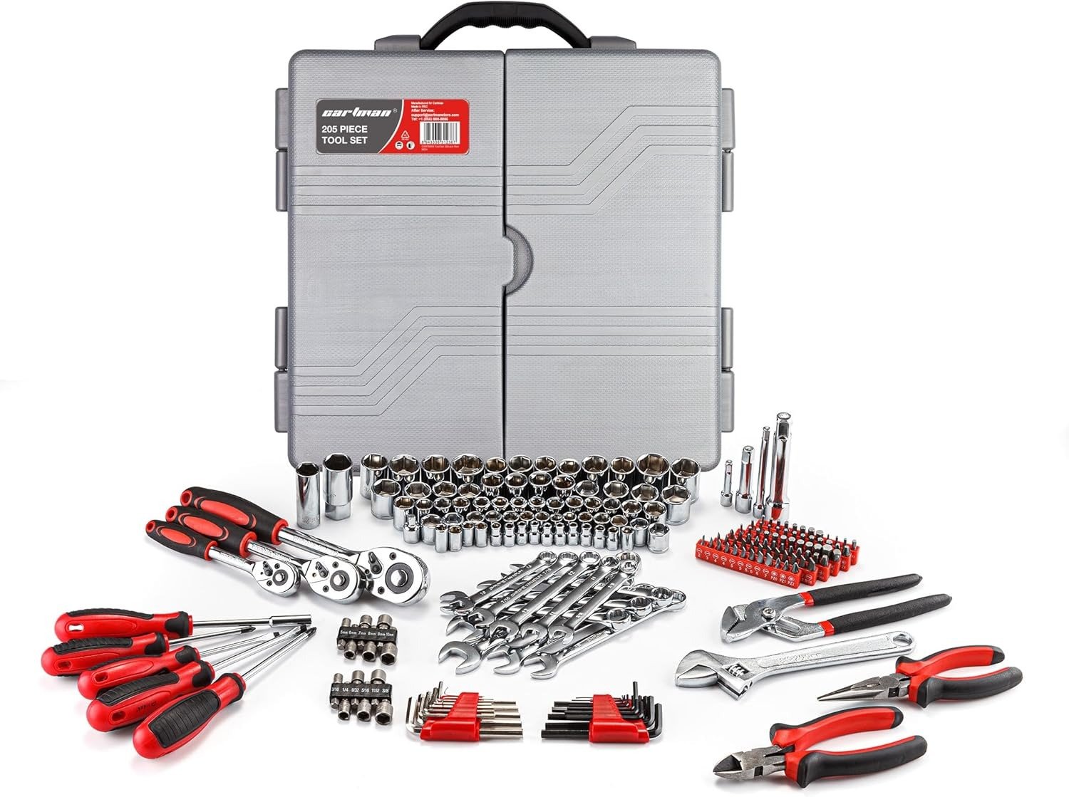 205 Piece Ratchet Wrench Tool Set 1/4′′ & 3/8′′ & 1/2′′ Drive with SAE/Metric Sockets Kit in Plastic Toolbox