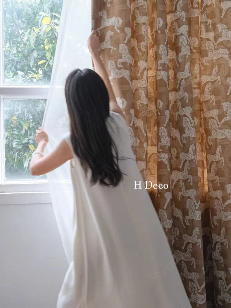 FA003 - Royal Horse Jacquard Embroidery Plant Velvet Weaving Wheat Cream Translucent Floor-to-Ceiling Curtains