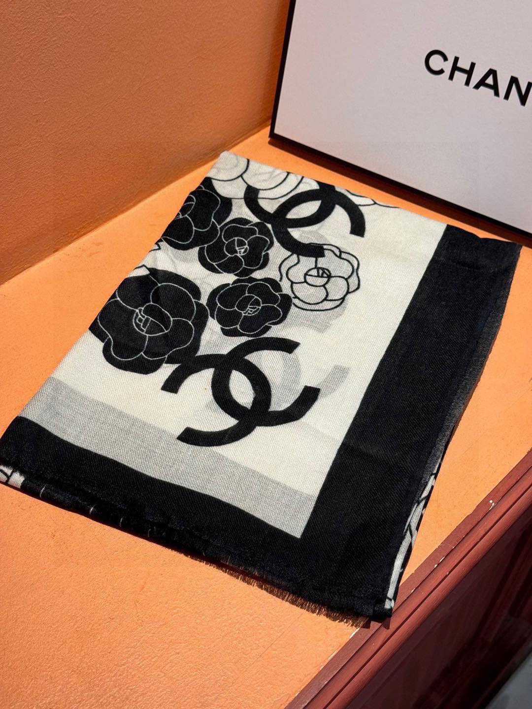 Chanel Silk Shawl Camellia Motif White-Black For Women 200cm