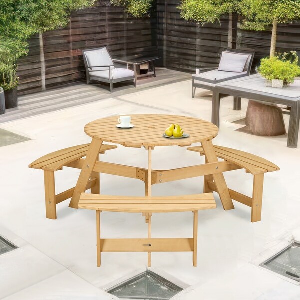6 Person Round Picnic Table with 3 Builtin Benches,Natural