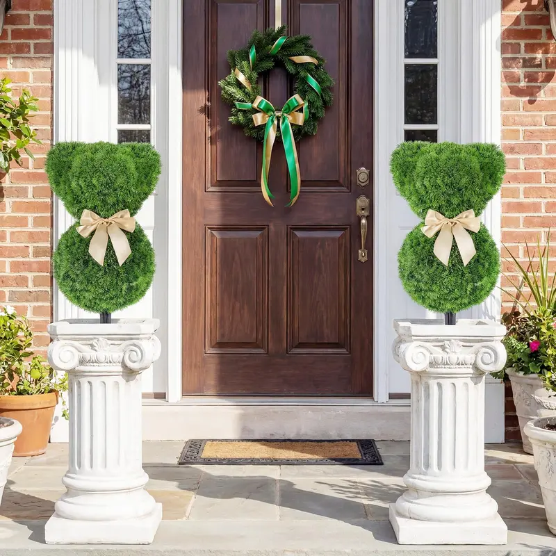 Sun-Resistant Teddy Bear Topiary Pair — 16.5-Inch UV-Protected Faux Boxwood Plants