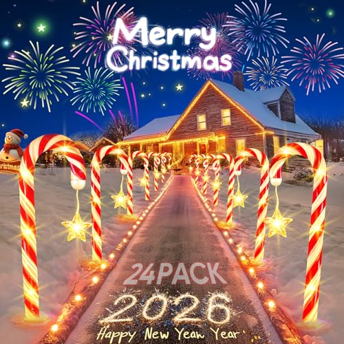 Solar Lights Outdoor Christmas Decorations: 24 Pack 144 LEDs 10 Modes Candy Cane Solar Powered Christmas Lights - 2025 Upgrade Waterproof Outside Holiday Decor for Yard Pathway Garden Porch Lawn