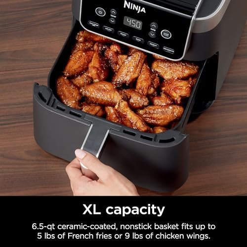 Air Fryer | 6.5 QT Pro XL Capacity fits 9lbs of Wings | 6-in-1 Max Crisp, Air Fry, Roast, Bake, Reheat & Dehydrate | Nonstick Basket, Crisper Plate & Recipe Guide | Grey