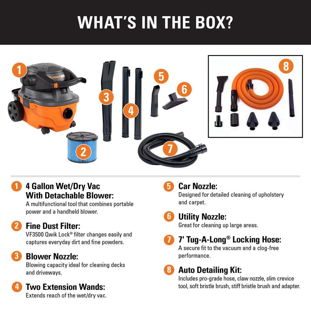 Ridgid 4 Gal. 6.0 Peak HP Wet/Dry Shop Vacuum with Detachable Blower, Fine Dust Filter, Hose, Accessories and Car Cleaning Kit WD4080A