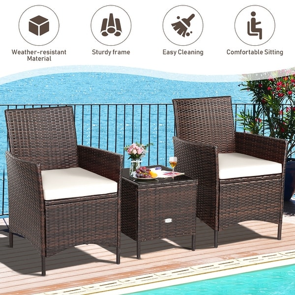 Costway 3PCS Patio Rattan Furniture Set Cushioned Sofa Glass Tabletop
