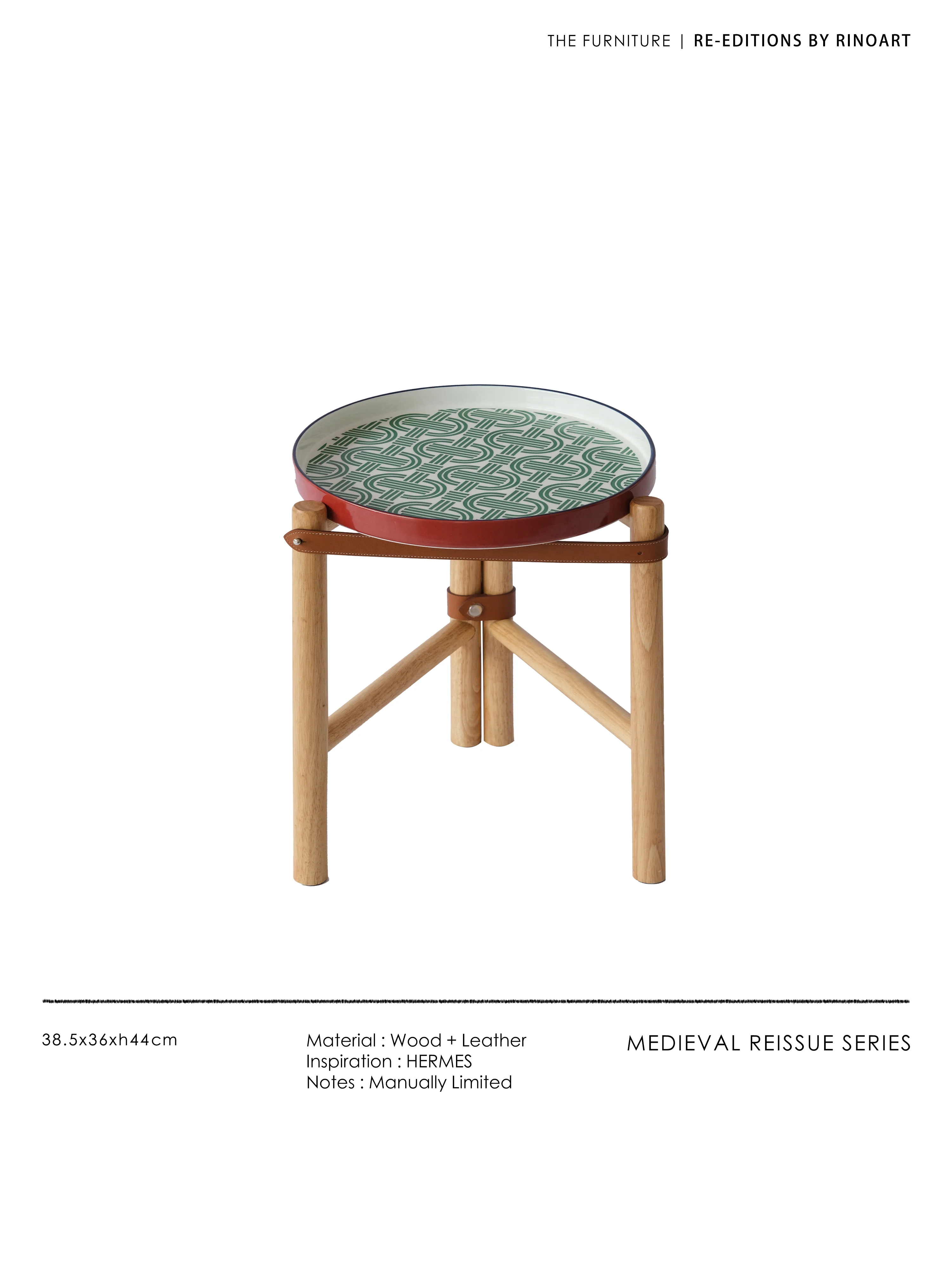 YA019 - Side Table - Vintage Olive Green Pig Nose Lock Chain Porcelain Solid Wood Top Grain Saddle Leather Detachable Tray Living Room Coffee Table