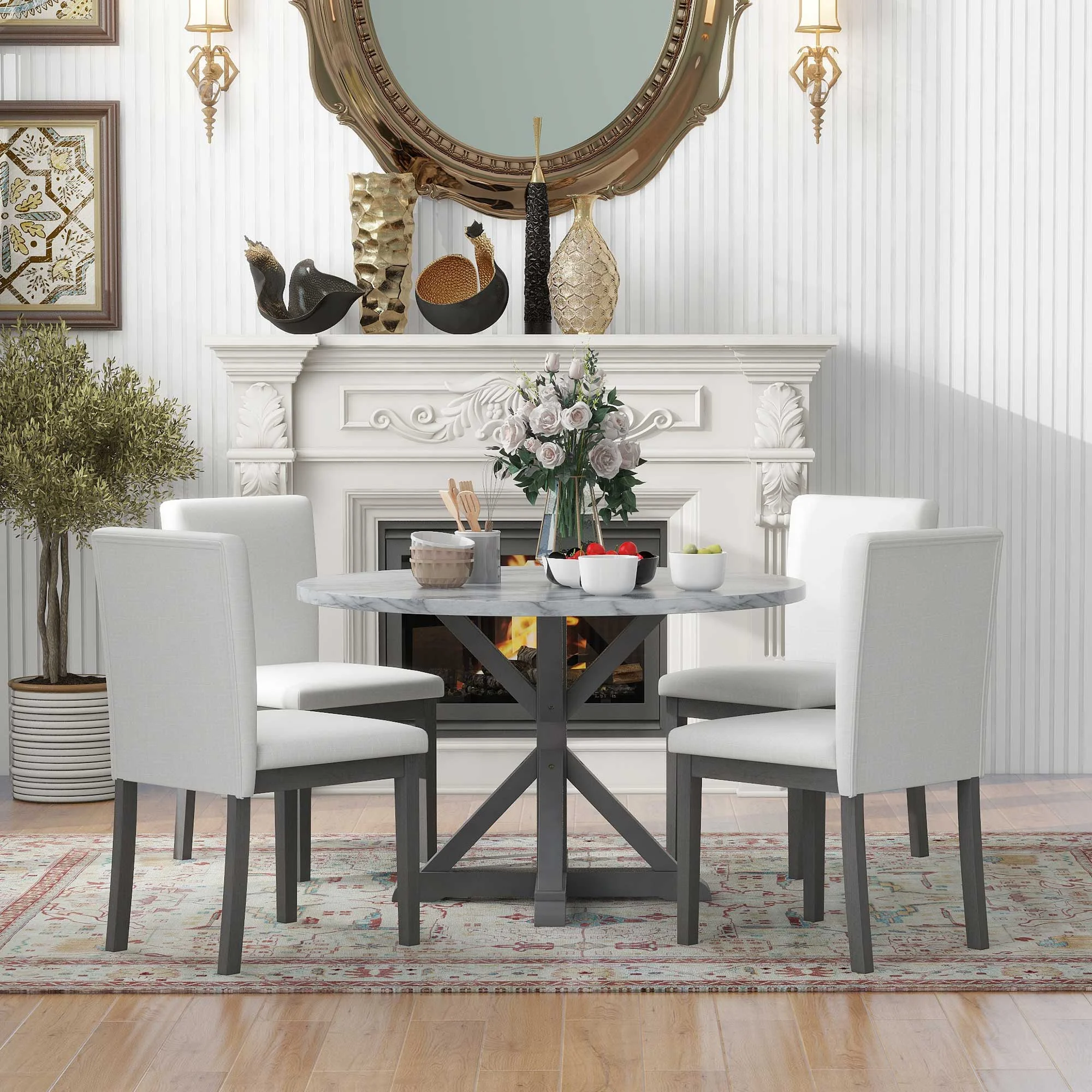 Atumon 5 Piece Round Dining Room Set, Dining Table Set with Cushioned Chairs for 4, Wood Table with Marble Sticker Tabletop and Cross Bracket Pedestal, Dining Table Set for Kitchen Dining Room, Gray