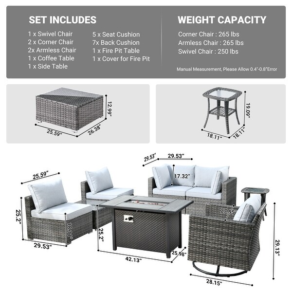 HOOOWOOO 8piece Rattan Wicker Patio Furniture Set with Fire Pit