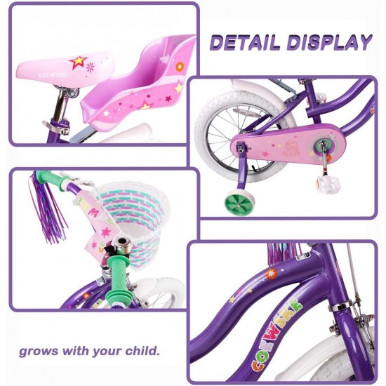 Kid’s Bike Steel Frame Children Bicycle Little Princess Style 12-14-16-18-20 Inch with Training Wheel