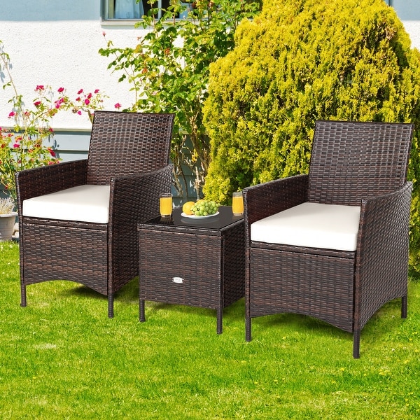 Costway 3PCS Patio Rattan Furniture Set Cushioned Sofa Glass Tabletop