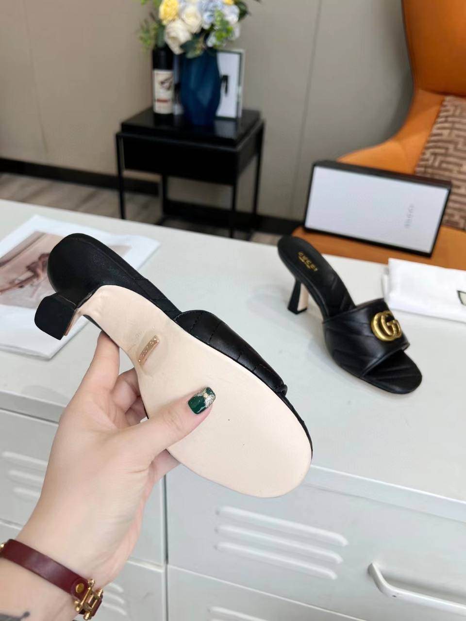 Gucci Marmont Double G Leather Mules Black 674839 Bko00 1000