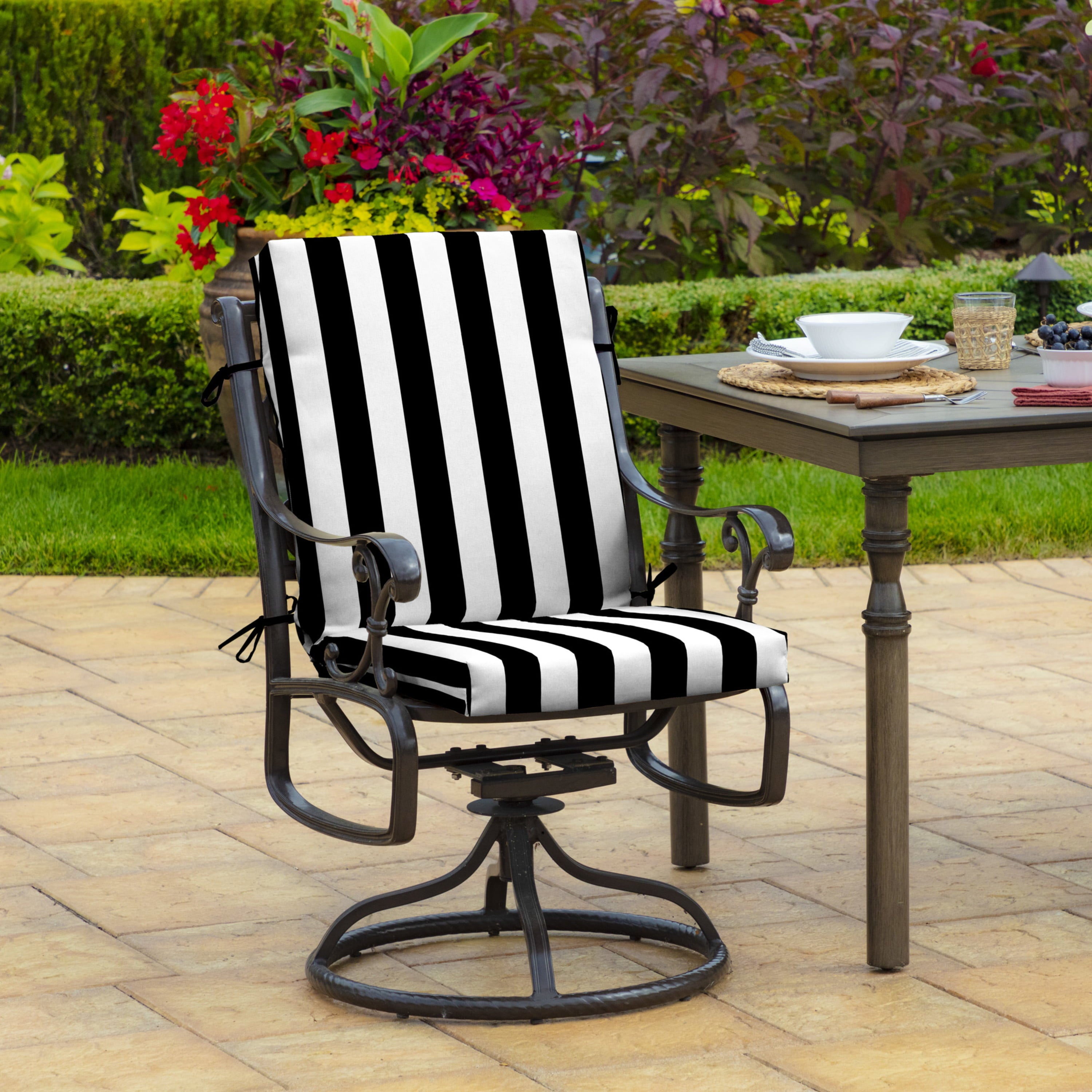 Arden Selections Outdoor Dining Chair Cushion 20 x 20, Black Cabana Stripe