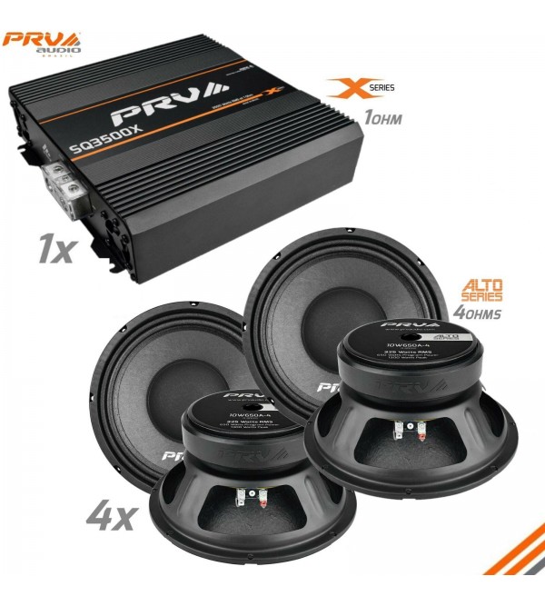 4x PRV 10′′ Midbass Speakers 10W650A-4 ALTO + SQ3500X 1 Ohm Car Audio Amplifier