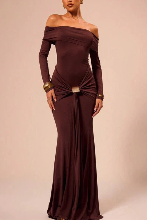 Off Shoulder Knot Front Bodycon Maxi DressClistos