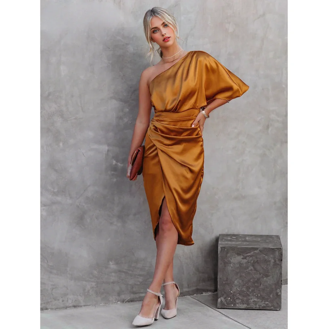 One Shoulder High Split Satin Maxi DressClistos