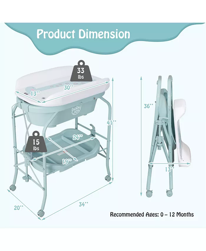 Costway Baby Changing Table with Bathtub, Folding and Portable Diaper Station with Wheels