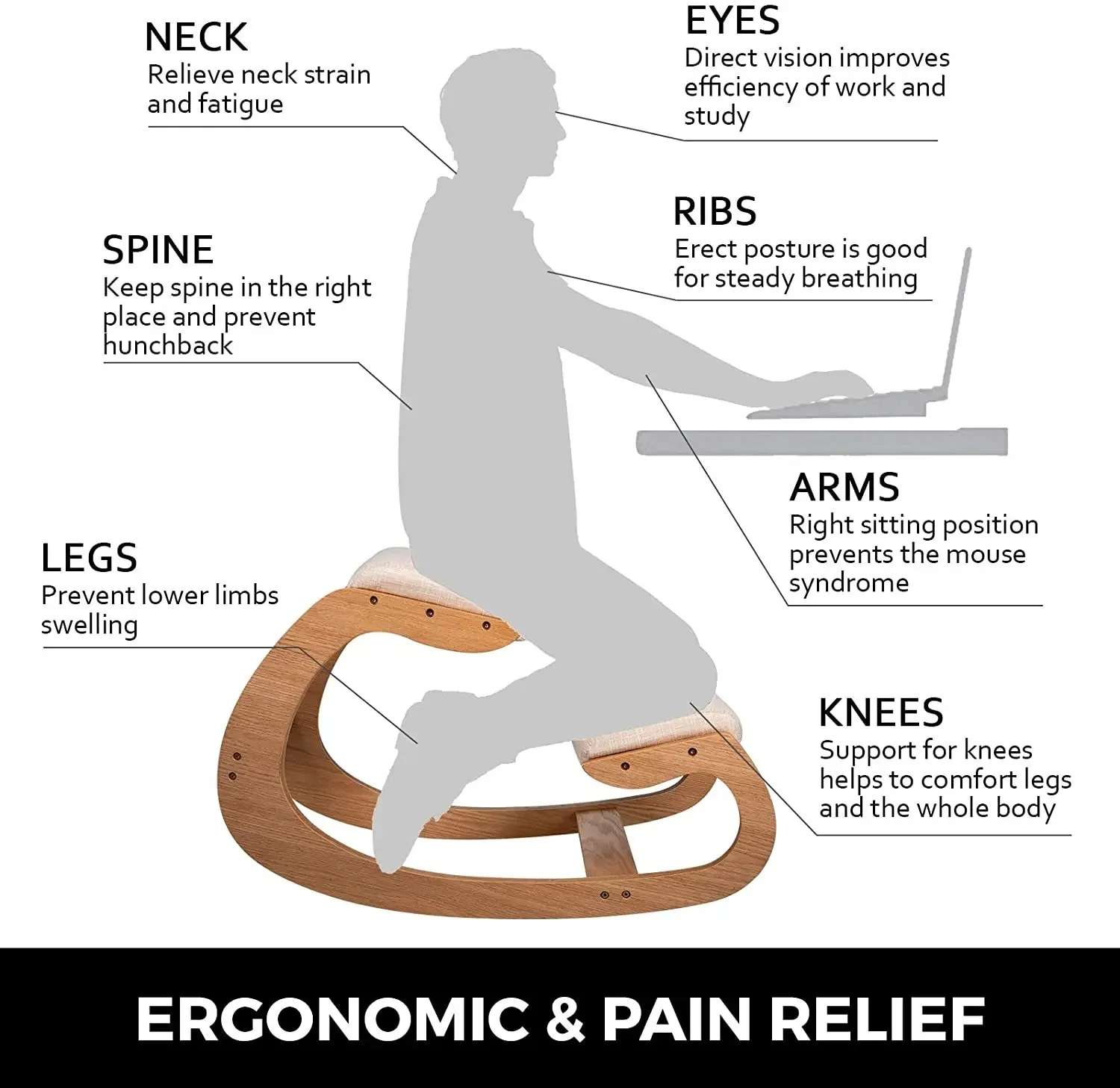 Masslatie Ergonomic Rocking Wooden Kneeling Chair Stool Correct Posture Computer Chair Original Home Office Furniture Thick Cushion,White oak frame