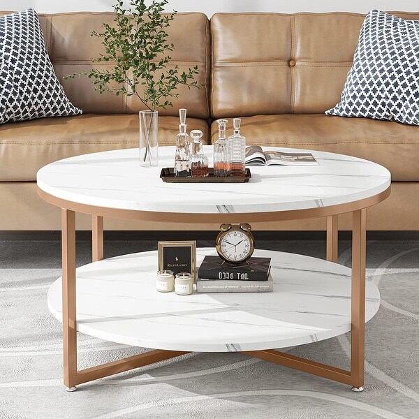 TwoTier Round Faux Marble Modern Coffee Table with Metal Legs and Open Storage Shelf for Living Room,White Gold