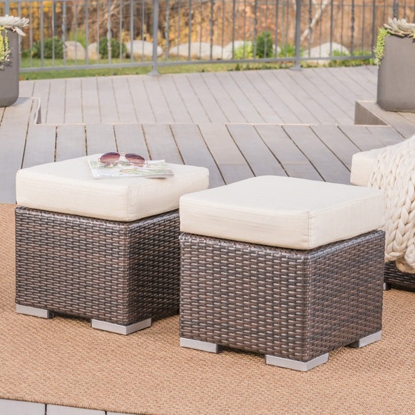 Santa Rosa Outdoor 16inch Square Wicker Ottoman with Cushion (Set of 2) by Christopher Knight Home