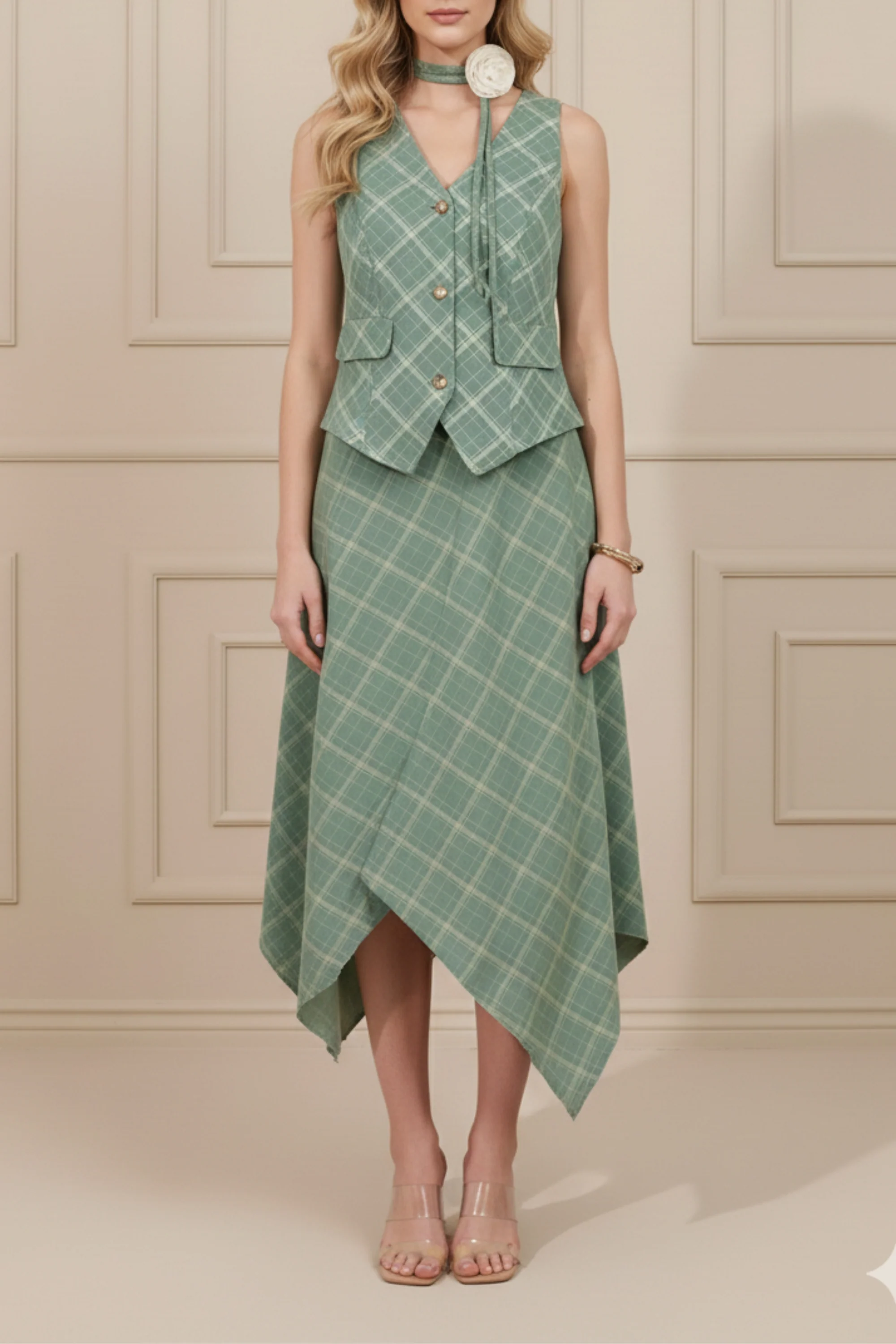 Lake Green Plaid Waistcoat Co-ord Set