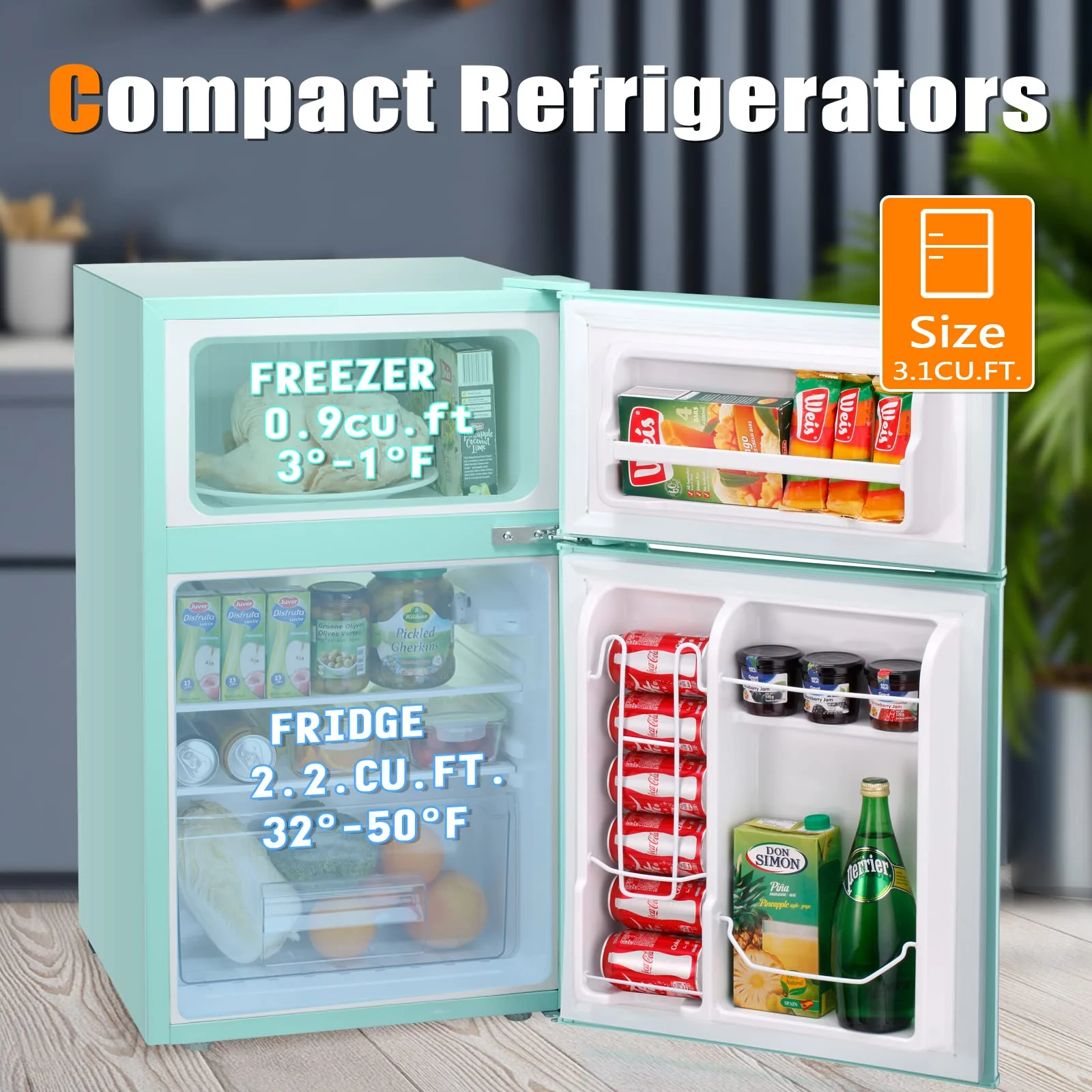 Kismile  Mini Fridge 3.1Cu.Ft Compact Refrigerator 2-Doors Freezer