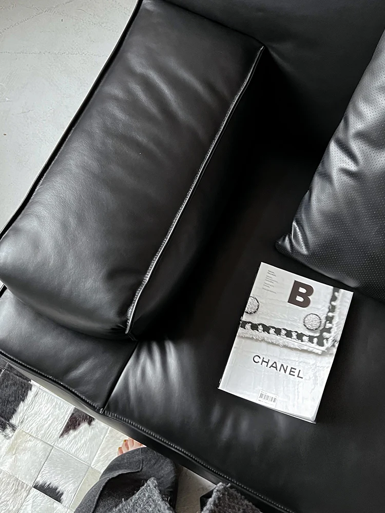 CH045 - Italian Black Leather Sofa: Premium Cowhide, Designer Luxe, Small Living Room