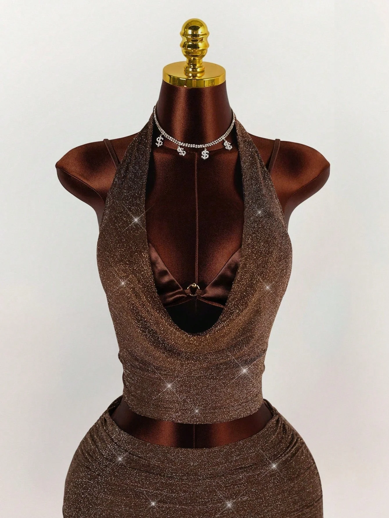 Sparkly Halter Crop Top & Belted Skirt SetClistos