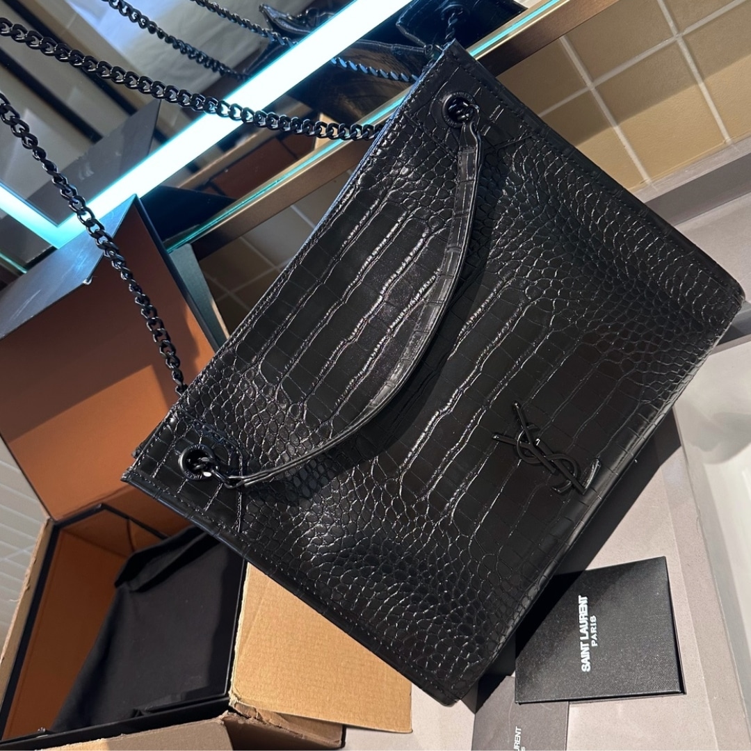 Saint Laurent Niki Shopping Bag In Crocodile Embossed Leather Black 33Cm
