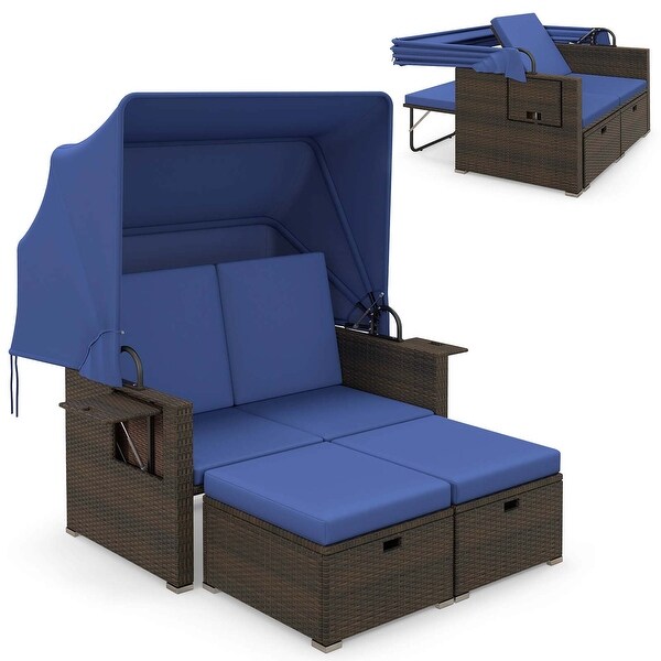 Patio Rattan Daybed w/Retractable Canopy Cushioned Double Bed Lounger