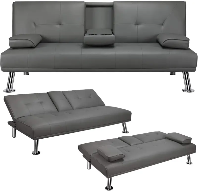 Yaheetech Convertible Sofa Bed – Adjustable Faux Leather Recliner with Removable Armrests, Cup Holders, 3-Position Settings & 772 lb Weight Limit
